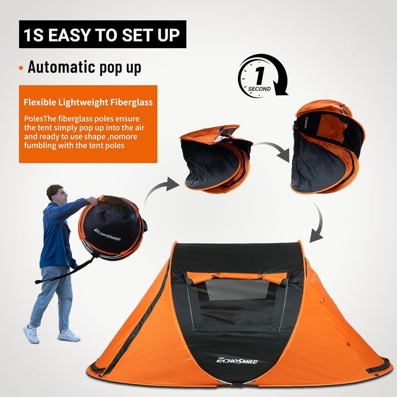 EchoSmile Instant Pop Up Camping Tent, 2/4/6 Person, Easy Setup Tent, Water Resistant Dome, Portable with Carry Bag - Image 3
